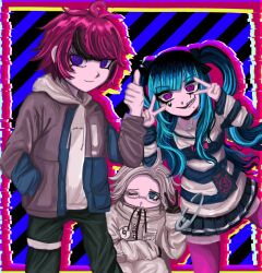 1girl 2boys ahoge amemiya_darumi aotsuki_eito black_background black_hair blue_background blue_eyes blue_hair closed_mouth double_v glasses highres looking_at_viewer multicolored_hair multiple_boys one_eye_closed pink_thighhighs red_hair safety_pin smile standing striped_background striped_clothes sumino_takumi the_hundred_line_-last_defense_academy- thighhighs thumbs_up twintails v white_hair wink