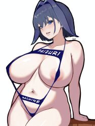 Rule 34 | 1girl, absurdres, alternate breast size, blue eyes, blue hair, blue slingshot swimsuit, breasts, clothes writing, fuck-me shirt, hair intakes, highres, hololive, hololive english, huge breasts, nipples, open mouth, ouro kronii, profanity, revealing clothes, short hair, slingshot swimsuit, solo, swimsuit, virtual youtuber, whyqone