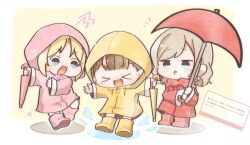 &gt;_&lt; 3girls :3 :d :o ^^^ blonde_hair blue_eyes boots border braid brown_hair center-flap_bangs ceras_yanagida_lilienfeld closed_umbrella fang gentaro_(g_teall) grey_hair hair_ribbon highres holding holding_umbrella hood hood_down hood_up jumping kachimachi_kosuzu link!_like!_love_live! long_sleeves love_live! marshmallow_(site) multiple_girls notice_lines open_mouth osawa_rurino outside_border pink_boots pink_raincoat pink_ribbon pink_umbrella puddle raincoat red_boots red_raincoat red_umbrella request_inset ribbon rubber_boots side_braids simple_background smile splashing sweatdrop translation_request umbrella v-shaped_eyebrows virtual_youtuber white_border x3 xd yellow_background yellow_boots yellow_raincoat yellow_umbrella