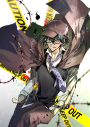 1boy absurdres barbed_wire black_hair black_sweater_vest blood blood_splatter brown_capelet brown_hat brown_pants bungou_stray_dogs capelet caution_tape closed_mouth collarbone collared_shirt detective edogawa_ranpo_(bungou_stray_dogs) feet_out_of_frame floating_cape glasses green_eyes hair_between_eyes hands_in_pockets hat highres iyutani keep_out long_sleeves looking_at_viewer male_focus necktie newsboy_cap open_collar pants purple_necktie shirt short_hair smile solo striped_necktie sweater_vest wallet_chain white_background white_shirt