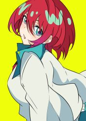 1girl absurdres amate_yuzuriha aqua_eyes aqua_shirt commentary_request from_side gundam gundam_gquuuuuux hair_between_eyes highres open_mouth red_hair school_uniform shirt short_hair simple_background solo sweater unanooo_(fthx7532) white_sweater yellow_background