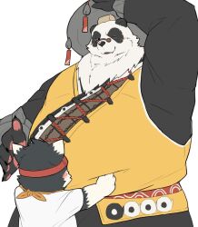 2boys animal_ears bara bell belly black_fur blush cake chinese_clothes claws commentary_request dog_boy dog_ears fang fat fat_man food furry furry_male goggles goggles_on_head hand_on_headwear highres hug indie_virtual_youtuber inugami_kenta jingle_bell looking_at_another male_focus multicolored_fur multiple_boys neckerchief nikukyu299paw one_eye_closed open_mouth orange_neckerchief pan_yinhu panda_boy panda_ears pawpads round_eyewear shirt smile swiss_roll white_fur white_shirt wok yellow_shirt zenless_zone_zero
