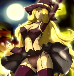 Rule 34 | 1girl, black panties, blonde hair, breasts, covered erect nipples, cynthia (pokemon), female focus, full moon, hair over one eye, halloween, hat, highres, long hair, moon, night, nintendo, panties, pokemon, purple legwear, smile, solo, underwear, wind, wind lift, witch, witch hat, yang meiling, yellow eyes