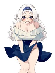1girl bare_shoulders blue_hairband blue_skirt blunt_bangs blush breasts cleavage clothes_lift commentary feet_out_of_frame glasses hairband highres large_breasts long_hair looking_down meg_(wakamepiza) mole mole_on_armpit off-shoulder_shirt off_shoulder open_mouth original panties polka_dot_hairband purple_eyes round_eyewear semi-rimless_eyewear shirt short_eyebrows side-tie_panties simple_background skirt skirt_lift skirt_tug solo standing string_panties symbol-only_commentary thick_eyebrows under-rim_eyewear underwear very_long_hair wakamepiza white_background white_hair white_panties white_shirt wind wind_lift yellow-framed_eyewear