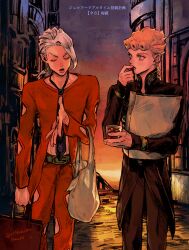 2boys absurdres aqua_eyes bag belt black_jacket black_pants blonde_hair braid closed_eyes clothing_cutout cup earrings eating food food-themed_earrings food_themed_earrings fruit giorno_giovanna gradient_sky green_belt highres holding holding_bag holding_cup holding_food holding_fruit jacket jewelry jojo_no_kimyou_na_bouken long_hair looking_at_another male_focus medium_hair multiple_boys okokoro_zaiku orange_sky outdoors pannacotta_fugo pants red_pants red_shirt shirt shopping_bag sky sleeves_past_wrists standing strawberry strawberry_earrings sunset symbolism talking vento_aureo victory_rolls white_hair yaoi