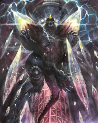Rule 34 | absurdres, alien, blue electricity, claws, crest, crystal, dinosaur, electricity, energy, floating, floating object, g.n.a, giant, giant monster, glowing, glowing crest, glowing crystal, glowing eyes, godzilla (series), godzilla vs. spacegodzilla, highres, kaiju, levitation, looking at viewer, looking down, monster, no humans, open mouth, real world location, red eyes, shoulder spikes, space monster, spacegodzilla, spikes, tail, toho, tokyo skytree, tongue, tusks, white electricity