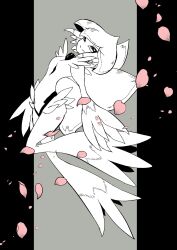 breasts digimon digimon_(creature) fairy flower flying highres lilamon looking_at_viewer monochrome monster_girl petals plant_girl quatrefolium517 smile