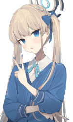 1girl absurdres blonde_hair blue_archive blue_eyes blue_hair blue_halo blue_jacket blue_nails blue_ribbon braid collared_shirt commentary fingernails halo hanasaki_rin highres jacket long_hair multicolored_hair nail_polish neck_ribbon open_clothes open_jacket ribbon shirt simple_background solo streaked_hair toki_(blue_archive) twintails v very_long_hair white_background white_shirt