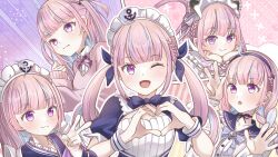 1girl anchor_symbol black_dress blue_hair cat_girl cat_tail closed_mouth dress hands_on_own_cheeks hands_on_own_face heart heart_hands highres hiuo329 hololive light_blush long_hair looking_at_viewer maid maid_headdress minato_aqua minato_aqua_(1st_costume) minato_aqua_(8th_costume) minato_aqua_(sailor) minato_aqua_(school_uniform) multicolored_hair one_eye_closed open_mouth pig pink_hair pink_sweater purple_eyes smile streaked_hair sweater tail twintails virtual_youtuber