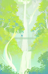 1girl artist_name black_hair bridge day dragon eastern_dragon fish highres huhv. long_hair nature original outdoors railing scenery solo standing tree very_wide_shot water waterfall wide_shot