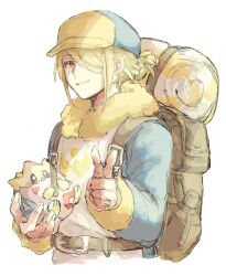 Rule 34 | 1boy, arm up, backpack, bag, belt, belt buckle, blonde hair, brown belt, buckle, newsboy cap, commentary request, cropped torso, fur trim, gen 2 pokemon, ginkgo guild uniform, hair over one eye, hat, highres, holding, holding pokemon, jam jam odoro, long sleeves, male focus, nintendo, one eye covered, pointing, pointing at viewer, pokemon, pokemon (creature), pokemon legends: arceus, simple background, smile, solo, teeth, togepi, volo (pokemon), white background, yellow fur