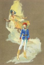 1980s_(style) 1boy 1girl amuro_ray barefoot belt black_hair blue_eyes blue_jacket boots brown_hair curly_hair dark-skinned_female dark_skin double_bun dress floating flying full_body gundam hair_bun highres jacket lalah_sune long_sleeves looking_up military military_uniform mobile_suit_gundam official_art oldschool open_mouth orange_hair painting_(medium) pants red_hair retro_artstyle short_hair smile standing traditional_media white_pants yasuhiko_yoshikazu yellow_dress yellow_footwear