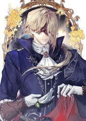absurdres ascot asymmetrical_bangs belt blindfold blonde_hair blue_jacket brooch cape capelet closed_mouth commentary duchess_(elden_ring) elden_ring elden_ring_nightreign eye_mask facing_viewer flower gloves highres holding holding_jewelry jacket jewelry mirror ornate_clothes ovolinyu parted_bangs short_hair two-sided_cape two-sided_fabric white_ascot white_background white_gloves