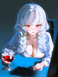 1girl absurdres alcohol blush braid breasts chair cleavage collarbone commentary commission computer computer_keyboard cup drinking_glass emirisu english_commentary fangs forehead hair_over_shoulder highres holding holding_cup indie_virtual_youtuber large_breasts light_particles long_hair looking_at_screen low_twin_braids mole mole_on_breast mole_on_collarbone mole_under_mouth monitor on_chair ophelia_valentine pink_nails pointy_ears red_eyes red_wine screen_light second-party_source shirt sitting solo twin_braids twitter_username vampire vgen_commission white_hair white_shirt wine wine_glass