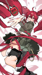 1girl absurdly_long_hair ahoge alternate_costume black_boots black_shirt black_shorts black_skirt blush boots fingernails foot_out_of_frame from_side hair_between_eyes highres jumping kasane_teto kasane_teto_(voicepeak) knee_boots kneehighs long_hair long_sleeves looking_at_viewer michihirogswr midriff_peek outstretched_arm pleated_skirt red_eyes red_nails shirt shorts shorts_under_skirt simple_background skirt socks solo sound_wave tongue tongue_out twintails utau very_long_hair voicepeak walkie-talkie white_background white_socks