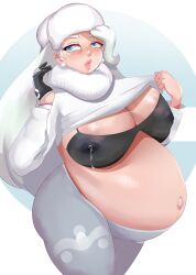 1girl absurdres areola_slip blue_eyes breasts cleavage clothes_lift earrings female_focus gloves hat highres huge_breasts jewelry lactation lactation_through_clothes lips long_hair mature_female melony_(pokemon) navel nintendo pokemon pokemon_swsh ppalitexx pregnant ring shirt_lift single_glove solo thick_thighs thighs white_hair