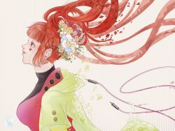 Rule 34 | 1girl, blunt bangs, earrings, from side, gnosia, hair between eyes, heart, heart earrings, heart tattoo, high ponytail, highres, jewelry, long hair, long sleeves, mutou ieneko, ponytail, red eyes, red hair, simple background, smile, solo, sq (gnosia), tattoo, turtleneck, upper body