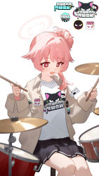 1girl absurdres ahoge black_skirt blue_archive cross-shaped_pupils drum drum_set drumsticks eco_376124 feet_out_of_frame hair_bun halo highres holding holding_drumsticks instrument jacket logo natsu_(band)_(blue_archive) natsu_(blue_archive) official_alternate_costume pink_hair print_shirt shirt simple_background single_side_bun sitting skirt solo symbol-shaped_pupils white_background white_jacket white_shirt