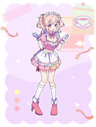 Rule 34 | 1girl, absurdres, apron, boots, commentary request, cup, dress, full body, fumino sayuki, high heel boots, high heels, highres, magia record: mahou shoujo madoka magica gaiden, mahou shoujo madoka magica, plate, ruru (rurumagi), short sleeves, short twintails, solo, teacup, twintails, white apron