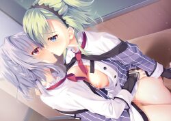 1boy 1girl 8kumagawa_(log) absurdres arm_at_side ass asuka_minato black_hairband blue_eyes blue_hair blush braid breast_press breasts breasts_out censored chalkboard classroom cleavage commentary_request commission cowboy_shot dutch_angle eye_contact french_kiss from_side green_hair hairband half-closed_eyes hand_on_another&#039;s_hip hand_on_another&#039;s_shoulder happy_sex hetero highres hug indoors kiss large_breasts long_sleeves looking_at_another medium_hair minami_miyu mosaic_censoring necktie nipples open_clothes open_shirt otome_domain profile red_eyes red_necktie school_uniform sex shirt short_necktie side_braid single_braid skeb_commission sleeves_past_wrists standing standing_sex trap vaginal white_shirt
