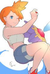 1girl asymmetrical_hair blue_eyes blue_shorts breasts creatures_(company) crop_top denim denim_shorts eyelashes game_freak gen_1_pokemon grin highres holding holding_poke_ball hot@te looking_at_viewer midriff misty_(pokemon) navel nintendo one_eye_closed orange_hair poke_ball poke_ball_(basic) pokemon pokemon_lgpe ponytail shirt shoes short_hair short_shorts shorts side_ponytail sleeveless sleeveless_shirt smile sneakers solo starmie tank_top teeth white_shirt wink