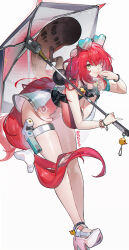1girl absurdres bare_legs bare_shoulders breasts cleavage closed_mouth english_text eyewear_on_head full_body green_eyes hand_up hearing_aid heart heart-shaped_eyewear highres holding holding_umbrella holster large_breasts leaning_forward legs long_hair looking_at_viewer missing_commentary official_alternate_costume one-piece_swimsuit pink_one-piece_swimsuit red_hair skindentation smile solo sphere_hair_ornament sunglasses swimsuit tanuki thigh_holster thighs two-tone_one-piece_swimsuit ukinami_yuzuha ukinami_yuzuha_(tanuki_in_broad_daylight) umbrella very_long_hair white_one-piece_swimsuit yushe_quetzalli zenless_zone_zero