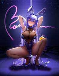 1girl absurdres animal_ears armpits arms_behind_head ass azur_lane blue_eyes blue_hair blue_leotard bodystocking bow bowtie breasts checkered_floor cleavage dancer groin halterneck heart high_heels highres large_breasts legs leotard long_hair looking_at_viewer manjuu_(azur_lane) navel new_jersey_(azur_lane) new_jersey_(exhilarating_steps!)_(azur_lane) official_alternate_costume pantyhose playboy_bunny pole rabbit_ears seductive_smile see-through_clothes see-through_cleavage skindentation sky_wbo smile solo spread_legs squatting stripper stripper_pole thick_thighs thighs undersized_clothes very_long_hair