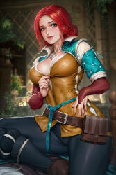 1girl belt belt_pouch black_pants blurry blurry_background breasts bridal_gauntlets brown_belt brown_vest cleavage commentary english_commentary freckles green_eyes highres jewelry large_breasts mixed-language_commentary necklace neoartcore paid_reward_available pants patreon_username plant pouch red_hair shirt solo thai_commentary the_witcher_(series) the_witcher_3 triss_merigold vest watermark white_shirt