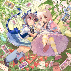 2girls ahoge animal_ear_fluff animal_ears anthurium azuma_chitose black_bow black_bowtie bloomers blue_hair blush bow bowtie brooch brown_eyes brown_footwear brown_hair c: card cat_ears cat_tail commentary_request cup dot_nose flower flower_request full_body grin hair_between_eyes highres hozuki_momiji jewelry kyarahiba lily_(flower) long_hair looking_at_another mary_janes multicolored_hair multiple_girls murosaki_miyo official_alternate_costume oka_asahi onii-chan_wa_oshimai! open_mouth oyama_mahiro oyama_mihari pantyhose petticoat pink_hair pink_shoes playing_card ponytail puffy_short_sleeves puffy_sleeves shoes short_hair short_ponytail short_sleeves smile striped_clothes striped_pantyhose striped_tail tail tail_bow tail_ornament teacup tenkawa_nayuta two-tone_hair underwear wavy_mouth wristband