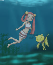 1girl abra arm_at_side barefoot bikini bikini_skirt child clenched_hand closed_eyes collarbone eyelashes fankifalu feet female_focus flat_chest floating forehead frilled_bikini frills full_body gen_1_pokemon hair_bobbles hair_ornament happy highres knees legs long_hair long_twintails matching_hair/eyes midriff mina_(pokemon) navel neck nintendo ocean outdoors outstretched_arm pink_eyes pink_hair pokemon pokemon_(creature) pokemon_dppt smile swimming swimsuit thighs toes underwater very_long_hair white_bikini
