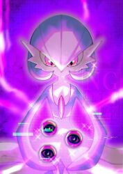 Rule 34 | alternate color, blue hair, blue skin, bob cut, colored skin, gardevoir, gen 3 pokemon, highres, looking at viewer, multicolored skin, nintendo, orange eyes, pokemon, pokemon (creature), pokemon tcg, pokemon tcg pocket, purple background, shiny pokemon, stktik09060906, two-tone skin, watermark, white skin
