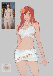 Rule 34 | 1girl, absurdres, alternate costume, bare arms, bare shoulders, bikini, bikini skirt, blush, breasts, brown eyes, cissnei, cowboy shot, final fantasy, final fantasy vii, final fantasy vii rebirth, final fantasy vii remake, flower, grey background, hair flower, hair ornament, highres, long hair, medium breasts, multiple necklaces, navel, open mouth, orange flower, red hair, reference inset, smile, solo, swimsuit, wavy hair, white bikini, zakushisu