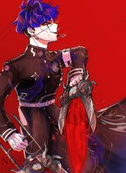 1boy armband blood blue_hair earrings highres jewelry long_sleeves male_focus omokage_yugamu open_mouth red_background solo the_hundred_line_-last_defense_academy- weapon_request