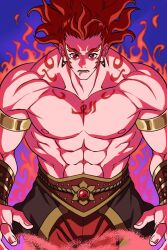 Rule 34 | 1boy, abs, adam&#039;s apple, arabian clothes, arabic text, armlet, arms at sides, bara, bracer, bucchigiri?!, fiery aura, genie, highres, jewelry, large pectorals, long hair, long sideburns, looking at viewer, male focus, muscular, muscular male, nipples, oekaki shitou, pectorals, prehensile hair, red eyes, red hair, senya (bucchigiri?!), shredded muscles, sideburns, simple background, solo, stomach, thick eyebrows, v-taper