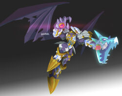 armor artist_name black_background black_wings digimon digimon_(creature) dragon dynasmon full_body gero_rivera gradient_background grey_background highres knight missing_commentary red_eyes simple_background solo torn_wings white_armor wings