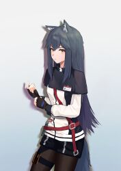 Rule 34 | 1girl, absurdres, animal ear fluff, animal ear piercing, animal ears, arknights, black capelet, black gloves, black hair, black pantyhose, capelet, chinese commentary, closed mouth, commentary, cowboy shot, expressionless, fingerless gloves, gloves, gradient background, gradient hair, grey background, highres, jacket, long hair, long sleeves, looking at viewer, multicolored hair, pantyhose, purple hair, shadow, solo, standing, strap, tail, texas (arknights), two-tone hair, white jacket, wolf ears, wolf girl, wolf tail, yellow eyes, zia qi ya