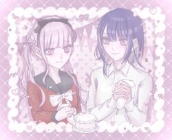 Rule 34 | 1boy, 1girl, black bow, blush, border, bow, brother and sister, cake, closed mouth, eyelashes, food, hair between eyes, hair bow, heart, holding piping bag, matching hair/eyes, pink background, pink border, pink eyes, pink hair, purple hair, red shirt, shirt, siblings, simple background, smile, the hundred line -last defense academy-, tsukumo ima, tsukumo kako, twins, upper body, white border, white bow, white shirt