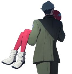 1boy 1girl absurdres amate_yuzuriha bodysuit boots carrying challia_bull choco_(chocovix112) commentary_request from_behind green_jacket green_pants grey_hair gundam gundam_gquuuuuux highres jacket pants princess_carry red_bodysuit red_hair simple_background white_background white_boots