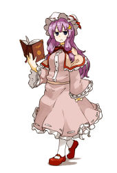 1girl :c amonitto blue_eyes book capelet crescent dress female_focus full_body hair_ornament hat long_hair long_sleeves mob_cap open_book pantyhose patchouli_knowledge pink_dress purple_hair reading red_shoes sash shoes simple_background solo touhou very_long_hair walking white_background wide_sleeves