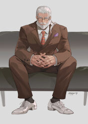 1boy absurdres bara beard bingansuan_jiamouren blue_eyes brown_suit business_suit couch dark-skinned_male dark_skin facial_hair formal_clothes full_body grey_background handkerchief highres jp_(street_fighter) large_pectorals long_hair looking_at_viewer male_focus mature_male muscular muscular_male mustache necktie old old_man own_hands_clasped own_hands_together pectorals ponytail sitting solo straight-on street_fighter street_fighter_6 suit thick_beard thick_eyebrows thick_mustache white_hair