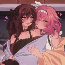 2girls black_dress blue_eyes brown_hair coat commentary derivative_work dress eden_(honkai_impact) elysia_(honkai_impact) english_commentary hairband highres honkai_(series) honkai_impact_3rd lipstick_mark lipstick_mark_on_breast lipstick_mark_on_face lipstick_mark_on_shoulder long_hair looking_at_another minxinq multiple_girls pink_hair screenshot_redraw shirt smile upper_body white_coat white_hairband white_shirt yellow_coat yellow_eyes yuri