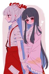 Rule 34 | 2girls, absurdres, black hair, blush, border, closed mouth, collared shirt, dress, fujiwara no mokou, heart, highres, holding hands, houraisan kaguya, interlocked fingers, long hair, looking at viewer, multiple girls, pink background, pink dress, ponytail, red eyes, red skirt, shirt, short sleeves, simple background, skirt, smile, suspender skirt, suspenders, sweatdrop, ta mi 01000, torn clothes, torn shirt, touhou, white border, white hair, white shirt, yuri