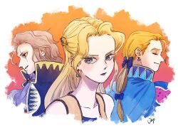 1girl 2boys ascot bare_shoulders blonde_hair blue_bow blue_coat border bow celes_chere closed_eyes coat earrings edgar_roni_figaro final_fantasy final_fantasy_vi floating_earrings gold_trim gradient_background grey_eyes grey_hair hair_bow hair_ornament highres jas_(jasjasjasart) jewelry long_hair multiple_boys orange_background parted_bangs parted_lips purple_ascot scar scar_across_eye scar_on_face scar_on_forehead setzer_gabbiani signature smile upper_body vest wavy_hair white_border yellow_vest