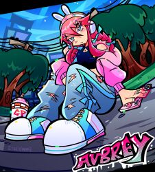 1girl absurdres alternate_hairstyle artist_name aubrey_(faraway)_(omori) aubrey_(omori) blue_eyes cellphone crop_top cup day denim drinking_straw hair_ornament hairclip headphones highres jacket jeans long_hair long_sleeves looking_at_viewer low_twintails nail_polish official_alternate_costume omori outdoors pants phone pink_hair pink_jacket power_lines shoes sitting smartphone sneakers solo theicinha torn_clothes torn_jeans torn_pants tree twintails