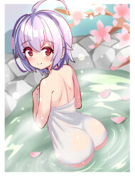 Rule 34 | 1girl, ahoge, antenna hair, ass, azure striker gunvolt, azure striker gunvolt 1, blush, breasts, cherry blossoms, commission, cougar (cougar1404), from behind, hair between eyes, joule (gunvolt), looking at viewer, medium hair, naked towel, onsen, partially submerged, petals, purple hair, red eyes, skeb commission, small breasts, smile, solo, towel, water