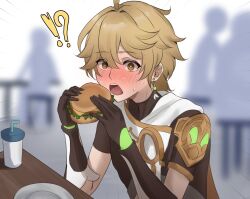 !? 1boy absurdres aether_(genshin_impact) ahoge blonde_hair blush brown_eyes burger cape commentary cup disposable_cup double-parted_bangs earrings eating elbow_gloves embarrassed english_commentary food genshin_impact gloves hair_between_eyes hans-kun highres holding holding_food jewelry male_focus open_mouth short_sleeves single_earring solo sweatdrop table