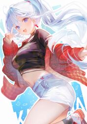 1girl :d absurdres alternate_costume black_choker black_shirt black_socks blue_eyes breasts choker commentary cropped_shirt cross cross_earrings earrings highres honkai_(series) honkai_impact_3rd jacket jewelry kagefumi kiana_kaslana leg_up looking_at_viewer medium_breasts midriff navel off_shoulder open_mouth plaid_clothes plaid_jacket ponytail red_jacket red_nails shirt short_shorts shorts smile socks solo stomach v white_hair