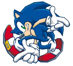 1boy animal_ears blue_fur doc_shoddy furry furry_male gloves green_eyes grin kometani_hisanobu_(style) looking_at_viewer multicolored_shoes red_shoes shoes simple_background smile solo sonic_(series) sonic_battle sonic_the_hedgehog tail two-tone_shoes white_background white_gloves white_shoes