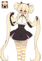 1girl :d animal_ears bare_shoulders bell black_collar black_gloves black_skirt blush breasts buttons caramel_choux_cookie cat_ears center_frills collar cookie_run cookie_run:_kingdom dark-skinned_female dark_skin double-breasted double-parted_bangs double_bun elbow_gloves fake_animal_ears feet_out_of_frame flying_sweatdrops frilled_shirt frills gloves gold_buttons hair_between_eyes hair_bun high-waist_skirt highres holding holding_own_hair humanization long_sidelocks medium_breasts miniskirt neck_bell ohta_guk_hip open_mouth orange_thighhighs petticoat raised_eyebrows red_eyes reference_inset shirt shirt_tucked_in short_hair_with_long_locks sidelocks skirt sleeveless sleeveless_shirt smile solo standing straight-on sweatdrop teeth thighhighs tongue tongue_out two-tone_thighhighs upper_teeth_only very_long_sidelocks white_thighhighs zettai_ryouiki