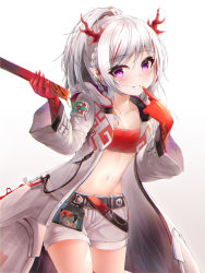 Rule 34 | 1girl, absurdres, aged down, arknights, bandeau, belt, braid, breasts, coat, collarbone, commentary request, cowboy shot, female focus, finger to mouth, gradient background, grey background, grin, hands up, highres, holding, horns, ichizon, long hair, long sleeves, looking at viewer, midriff, multicolored hair, navel, nian (arknights), open clothes, open coat, pointy ears, ponytail, purple eyes, short shorts, shorts, silver hair, simple background, small breasts, smile, solo, stomach, strapless, streaked hair, thighs, tube top, white background, white coat, white shorts, wide sleeves